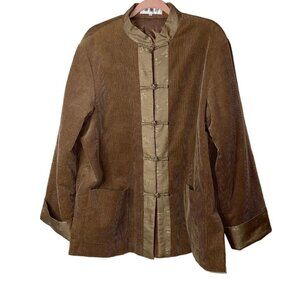 Mens Jacket Size XL Tan Corduroy Standing Collar Lined Contrasting Trim Asian